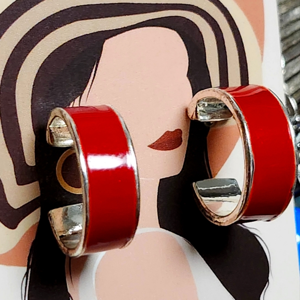 Sterling silver 925 earrings red inlay enamel square stud drop